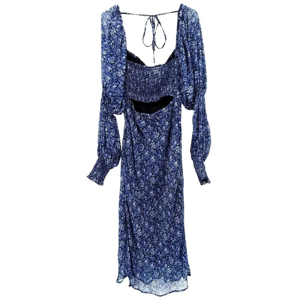 Free People Size XS Aglow Long Sleeve Midi Dress Blue‎ Bohemian Back Cutout